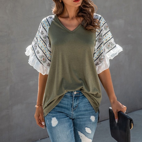 Boho chic ruffle sleeve Print top - white - Picture 10 of 11